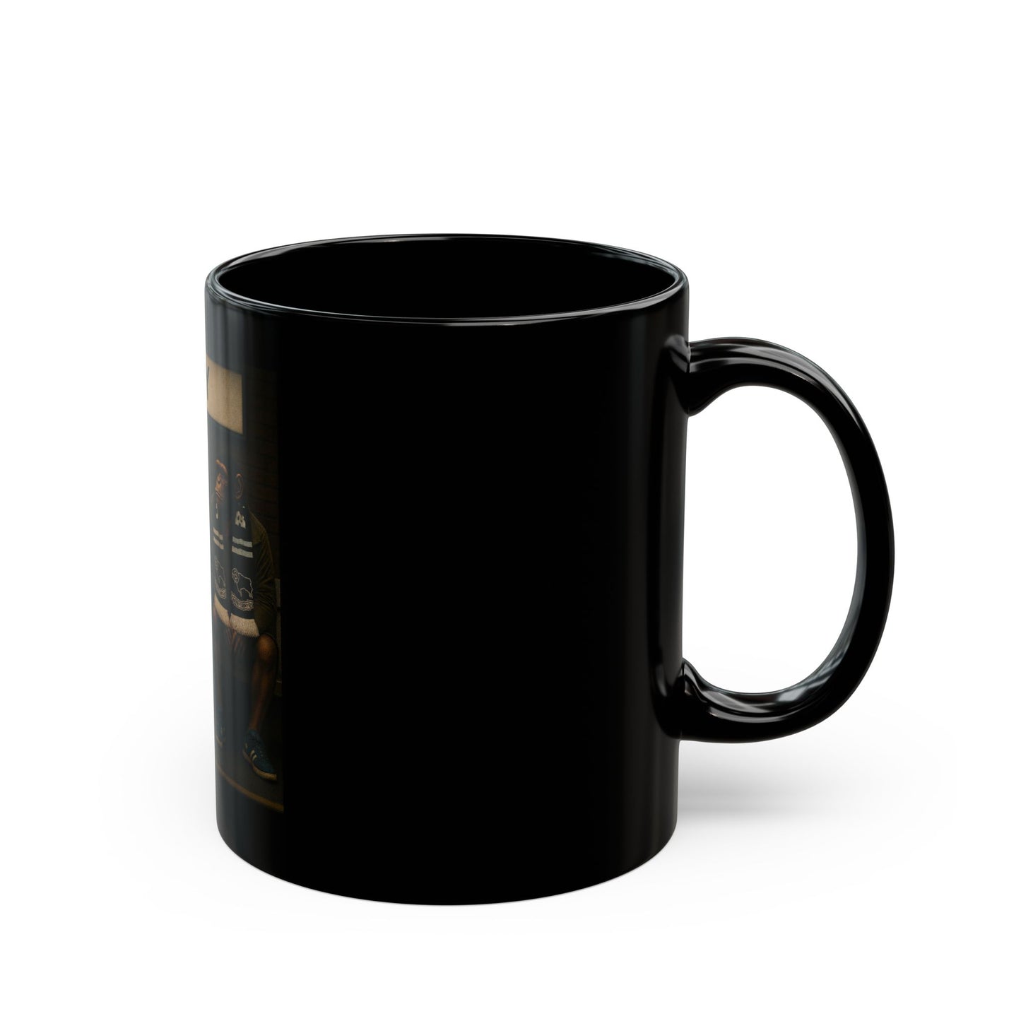 Black mug with a logo on a white background