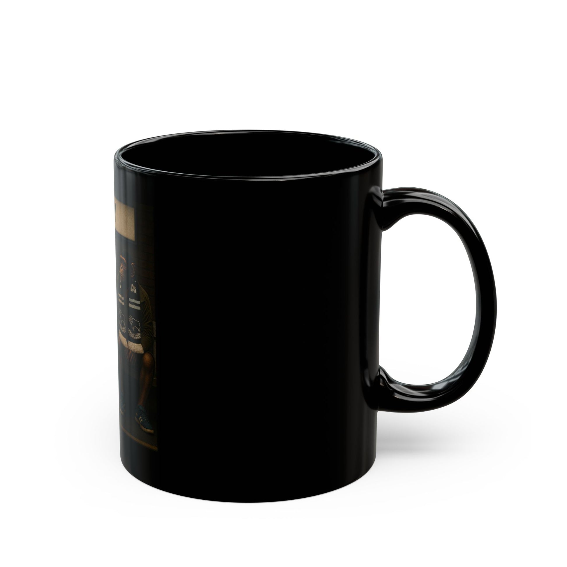 Black mug with a logo on a white background