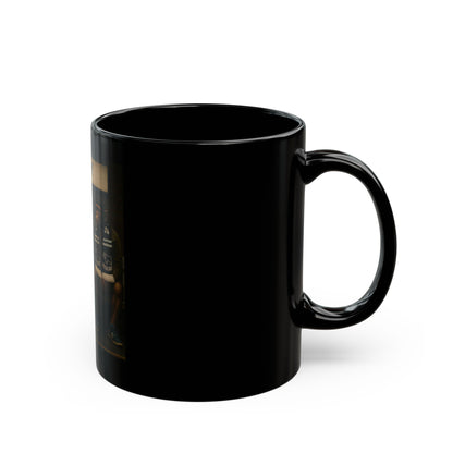 Black mug with a logo on a white background