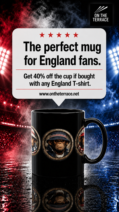 A black ceramic mug features three circular, stone-textured portrait emblems. The central emblem showcases a chimpanzee with a stern expression, wearing a navy blue casual jacket and a navy bucket hat with red and white stripes. The left emblem shows a monkey wearing an England St. George's cross bucket hat and a blue-and-white bar scarf. The right emblem shows a monkey in a red casual cap and scarf.