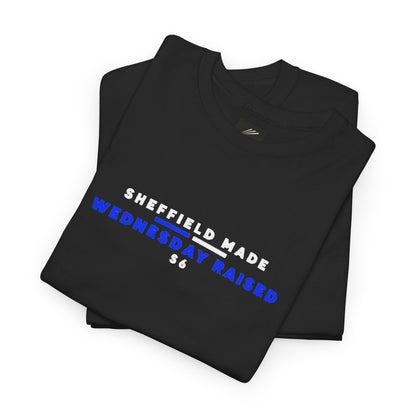 Folded black SWFC T-shirt showing Sheffield Made Wednesday Raised slogan in white and blue