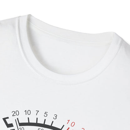 White t-shirt with printed graphic resembling a numbered gauge near the collar