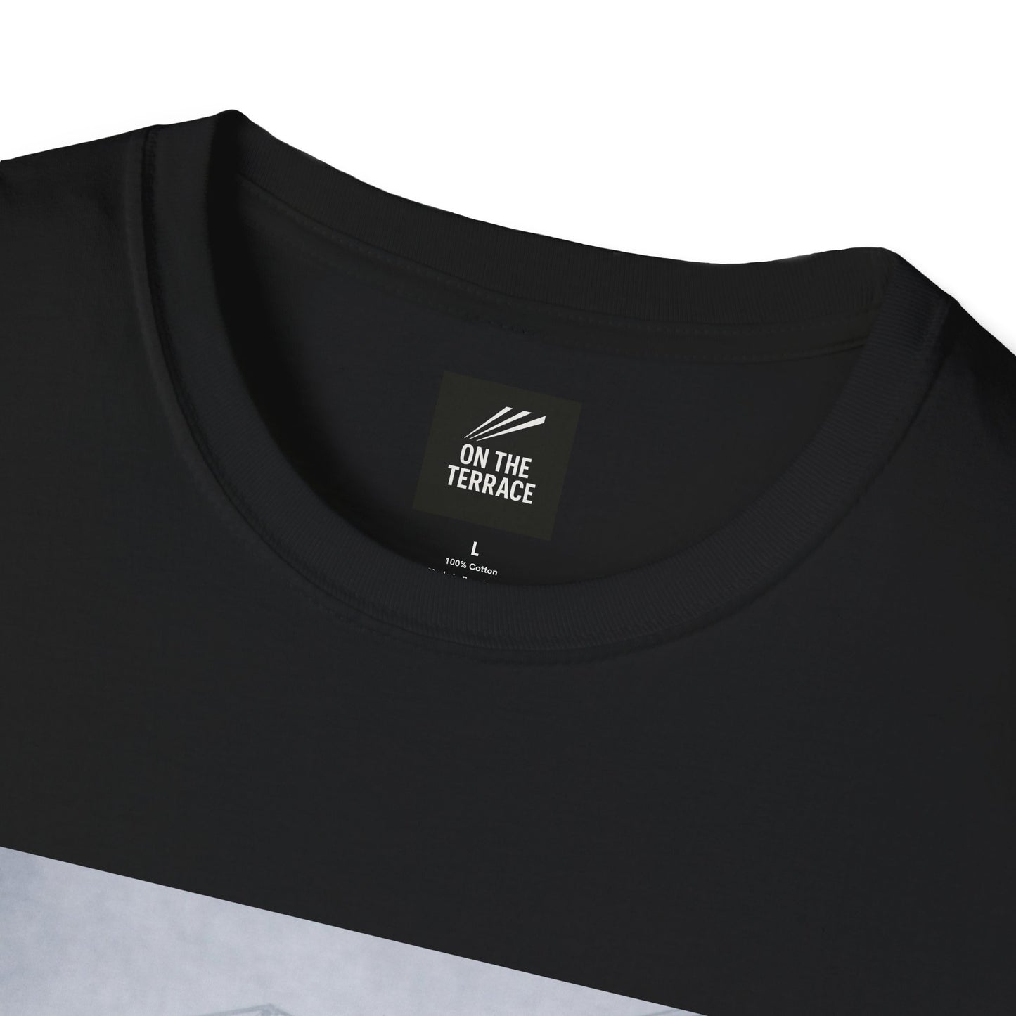 MUFC Black t-shirt with 'On The Terrace' label on a white background