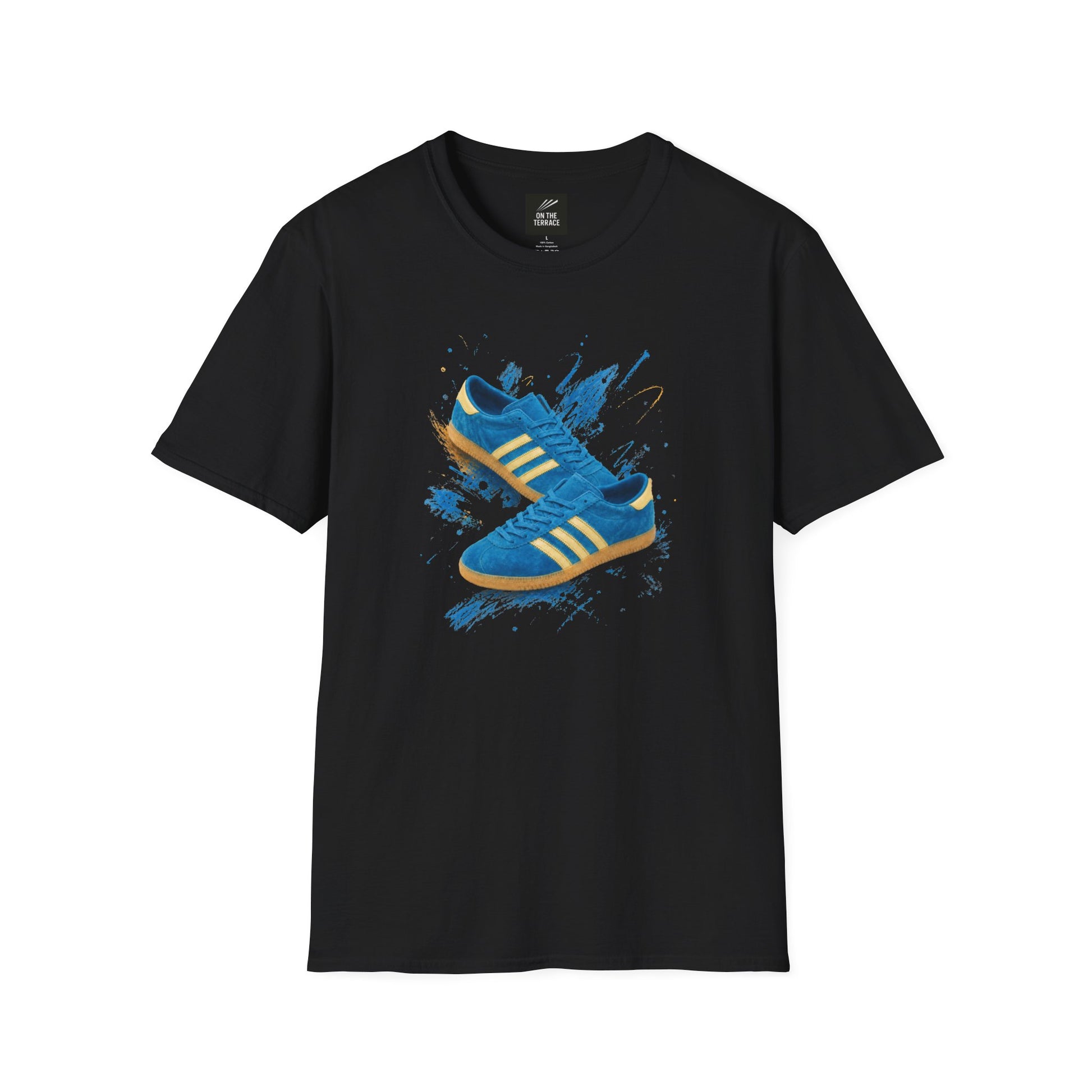 A black short-sleeve crewneck t-shirt featuring a graphic print of two blue Adidas sneakers with yellow stripes on a blue paint splatter background.