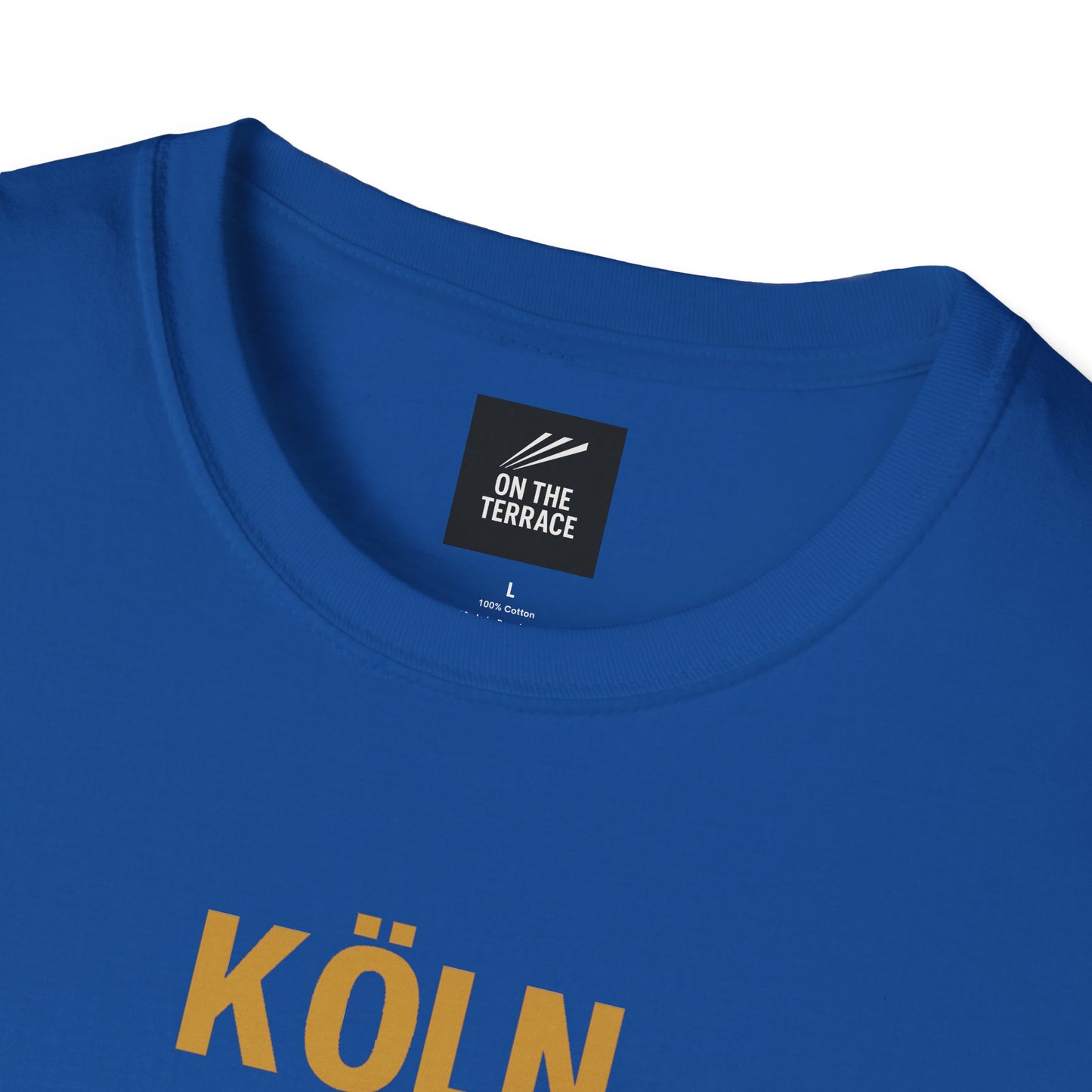 Close-up of blue cotton t-shirt with yellow KÖLN text and On The Terrace label inside collar