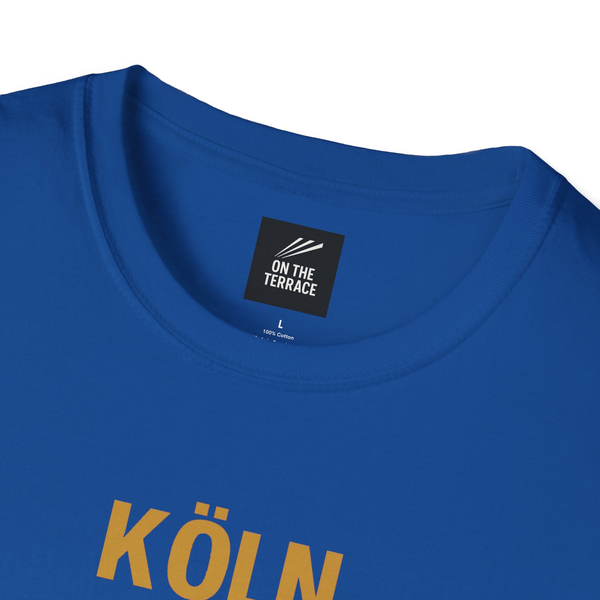 Close-up of blue cotton t-shirt with yellow KÖLN text and On The Terrace label inside collar