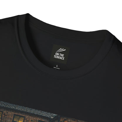Black t-shirt with 'On The Terrace' label on a white background