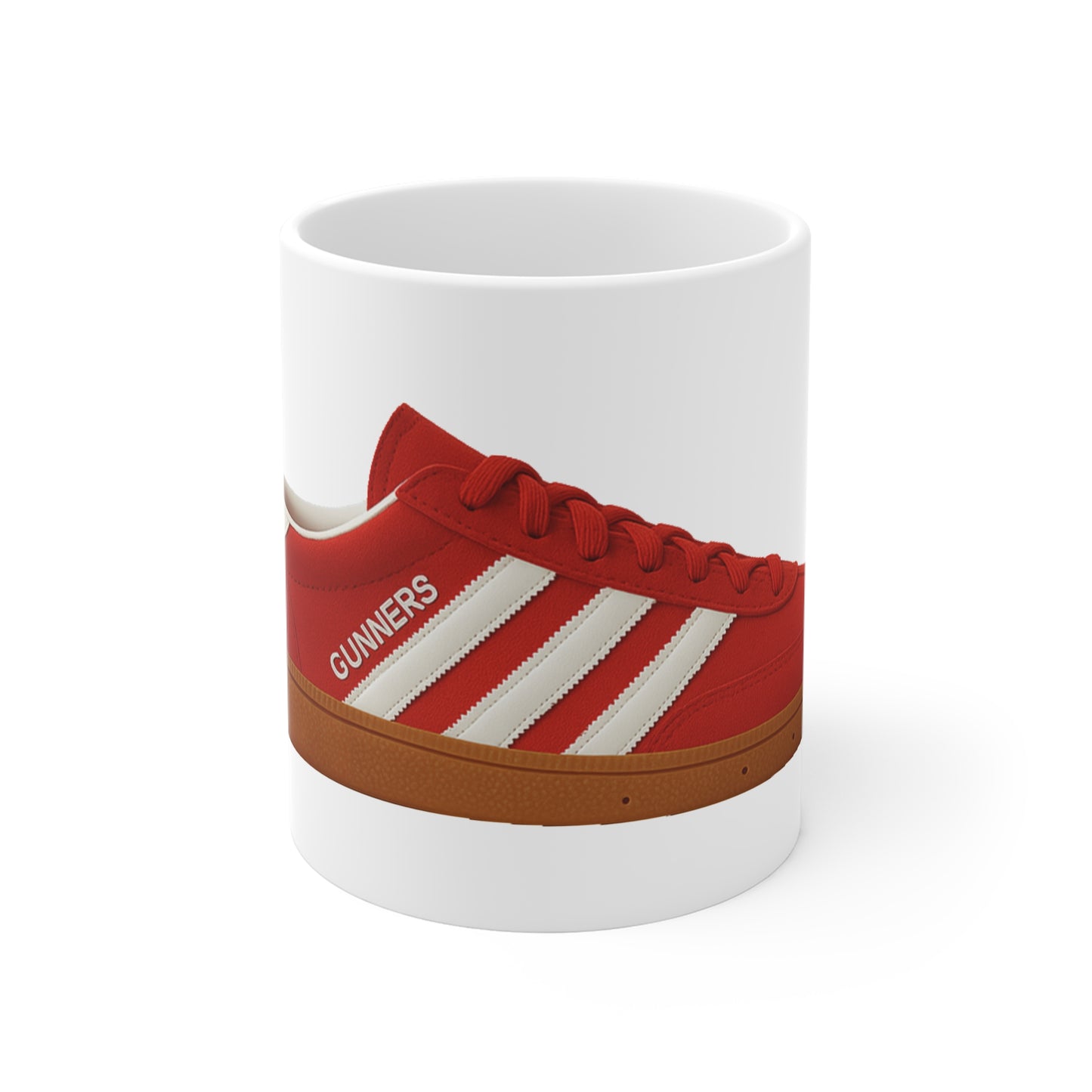 White mug with red and white sneaker design featuring 'Gunners' text and gum sole