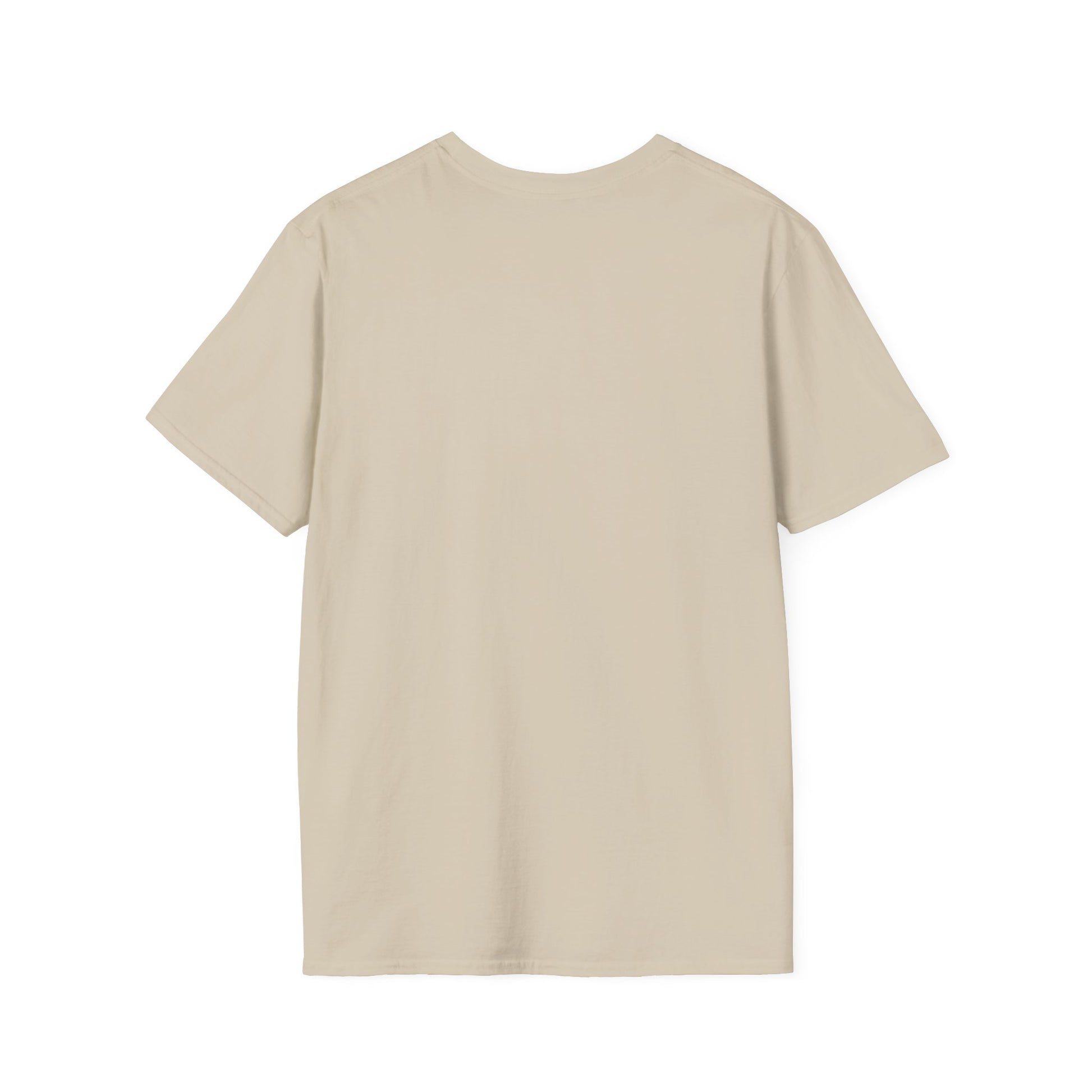 Beige plain short-sleeve crew neck T-shirt laid flat, back view