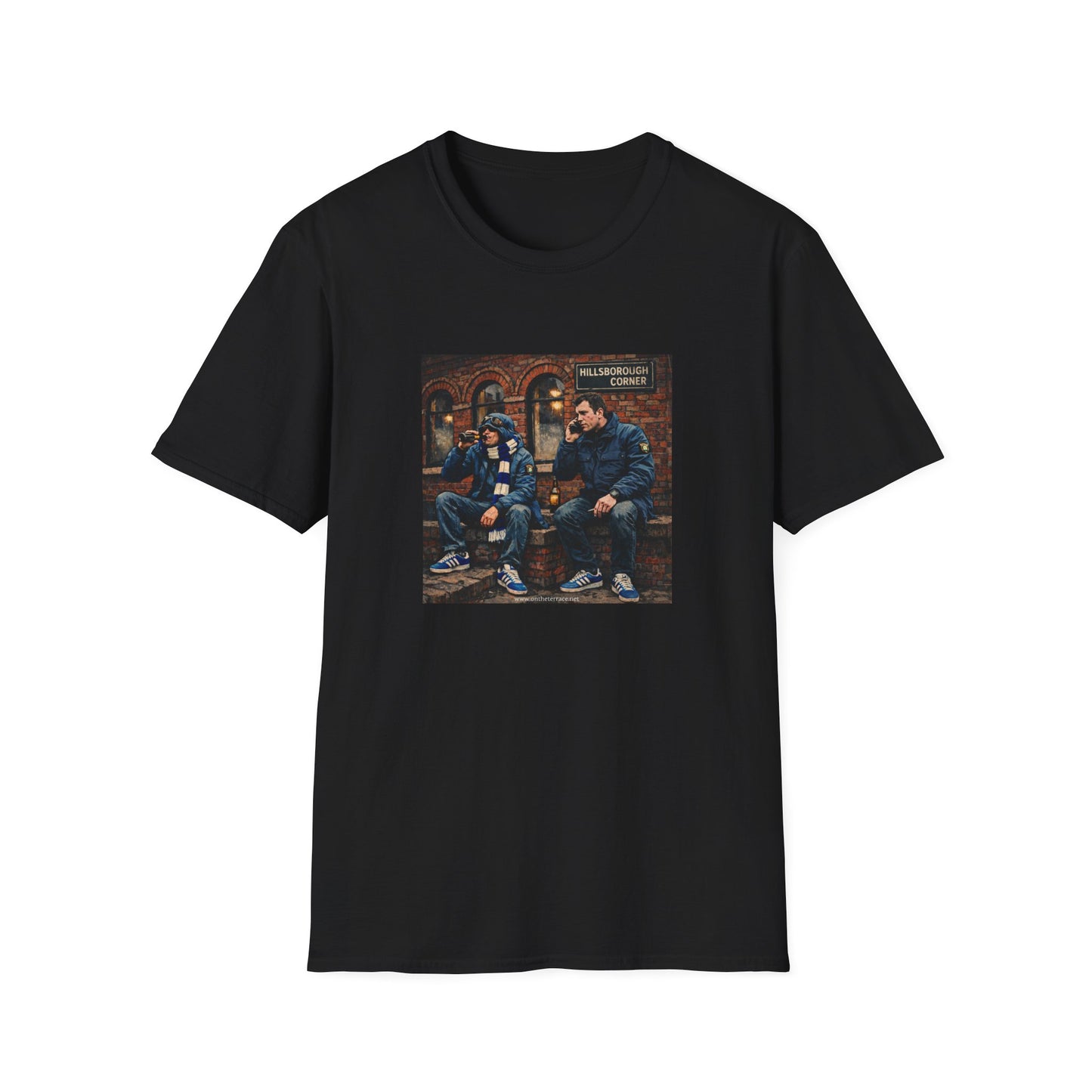 Black t-shirt with a graphic of two men sitting on a wall.