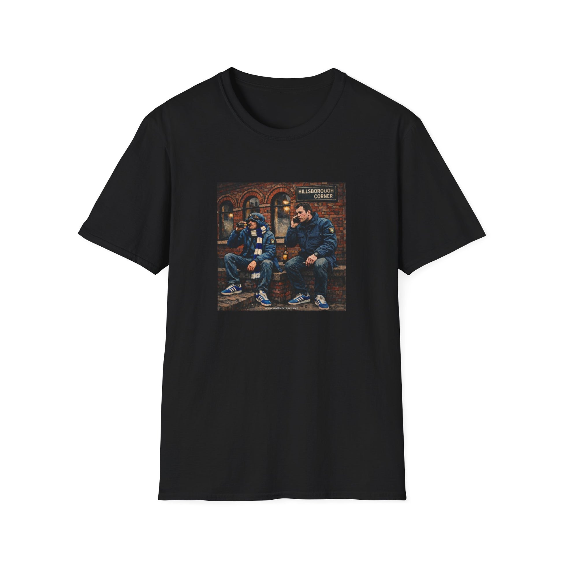 Black t-shirt with a graphic of two men sitting on a wall.