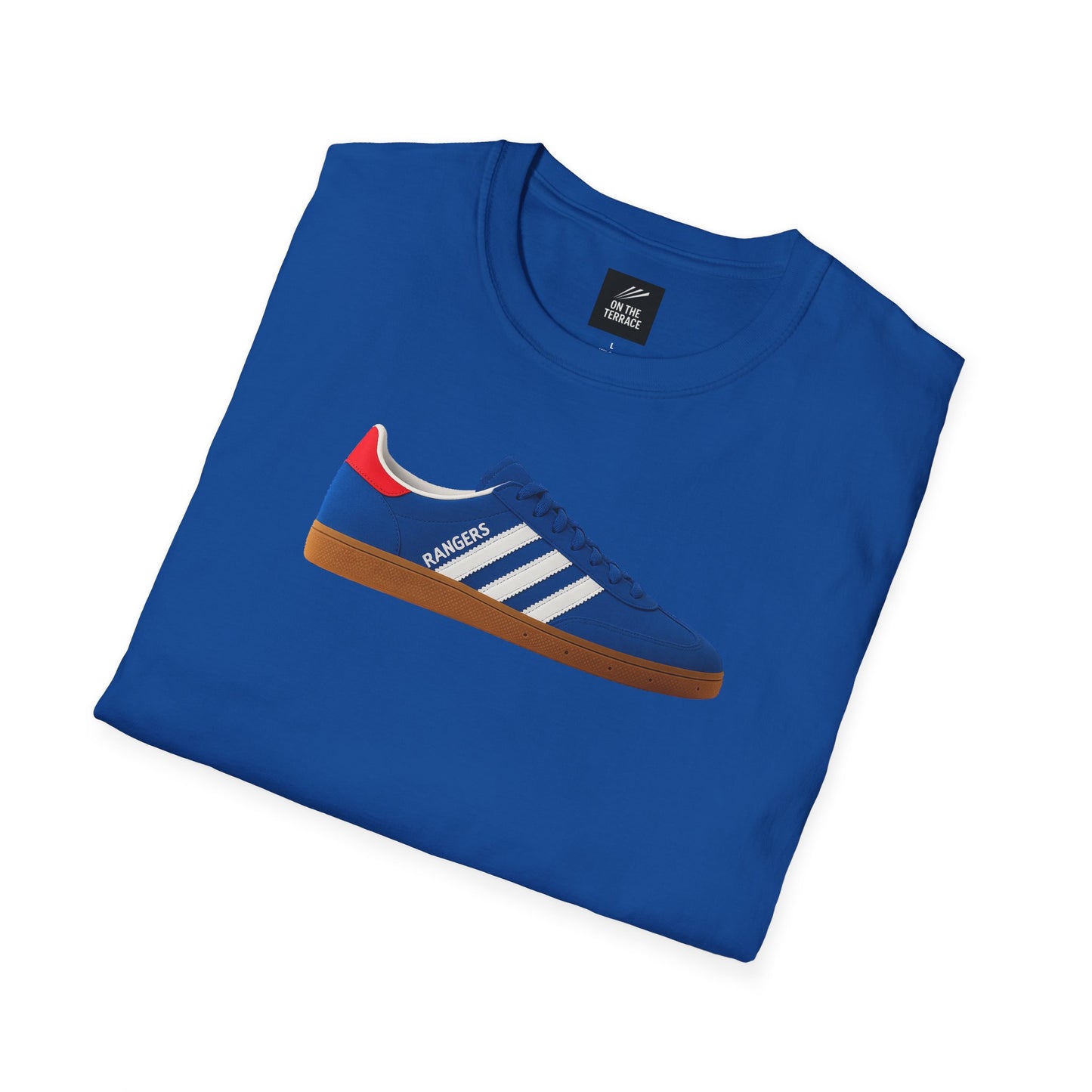 Rangers Royal blue folded t-shirt with a printed blue Rangers sneaker featuring white stripes and gum sole