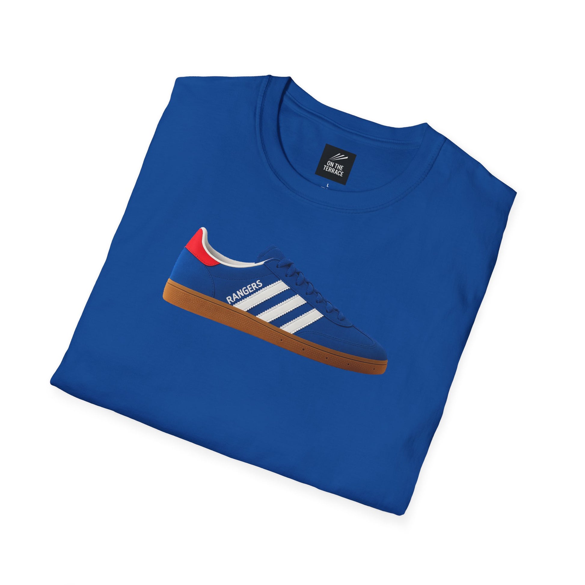 Rangers Royal blue folded t-shirt with a printed blue Rangers sneaker featuring white stripes and gum sole