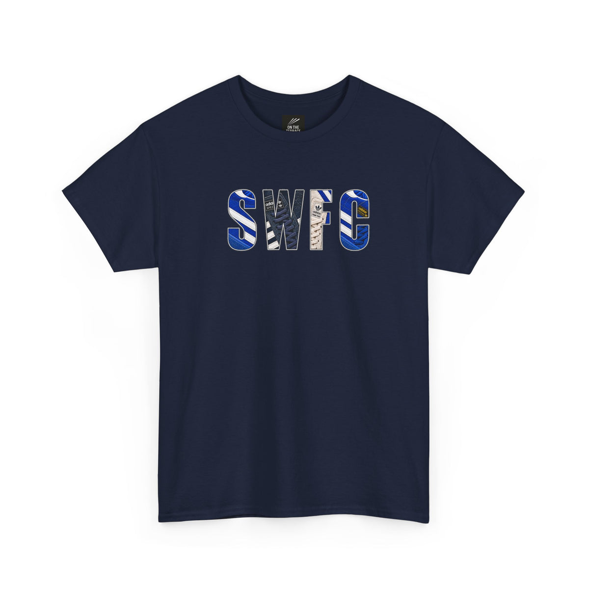 Navy Sheffield Wednesday SWFC vintage trainers T-shirt with blue, white and cream trainer lettering