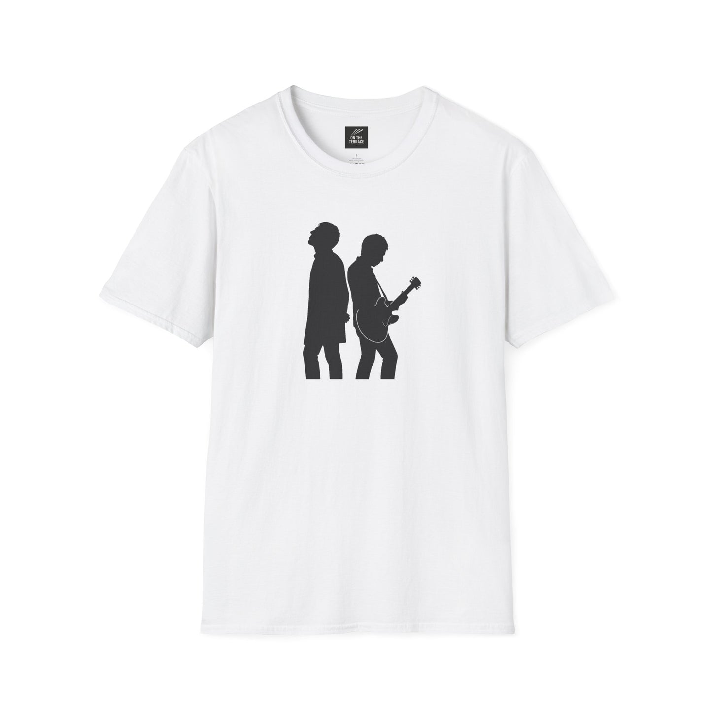 White t-shirt with black silhouette graphic of two musicians, one playing guitar, on front
