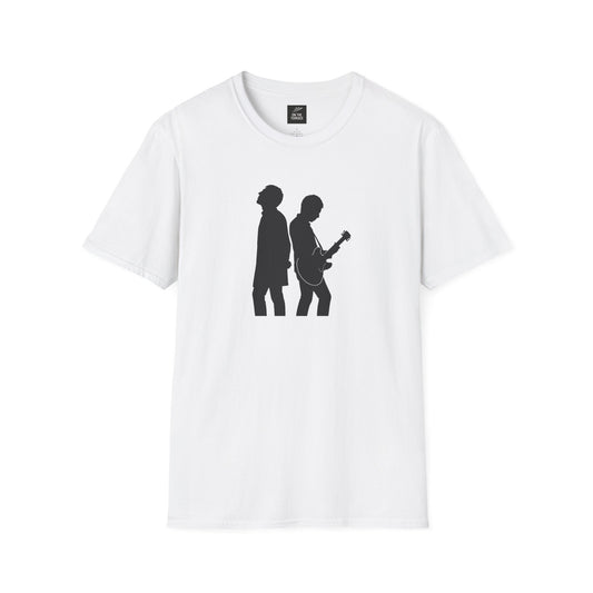 White t-shirt with black silhouette graphic of two musicians, one playing guitar, on front