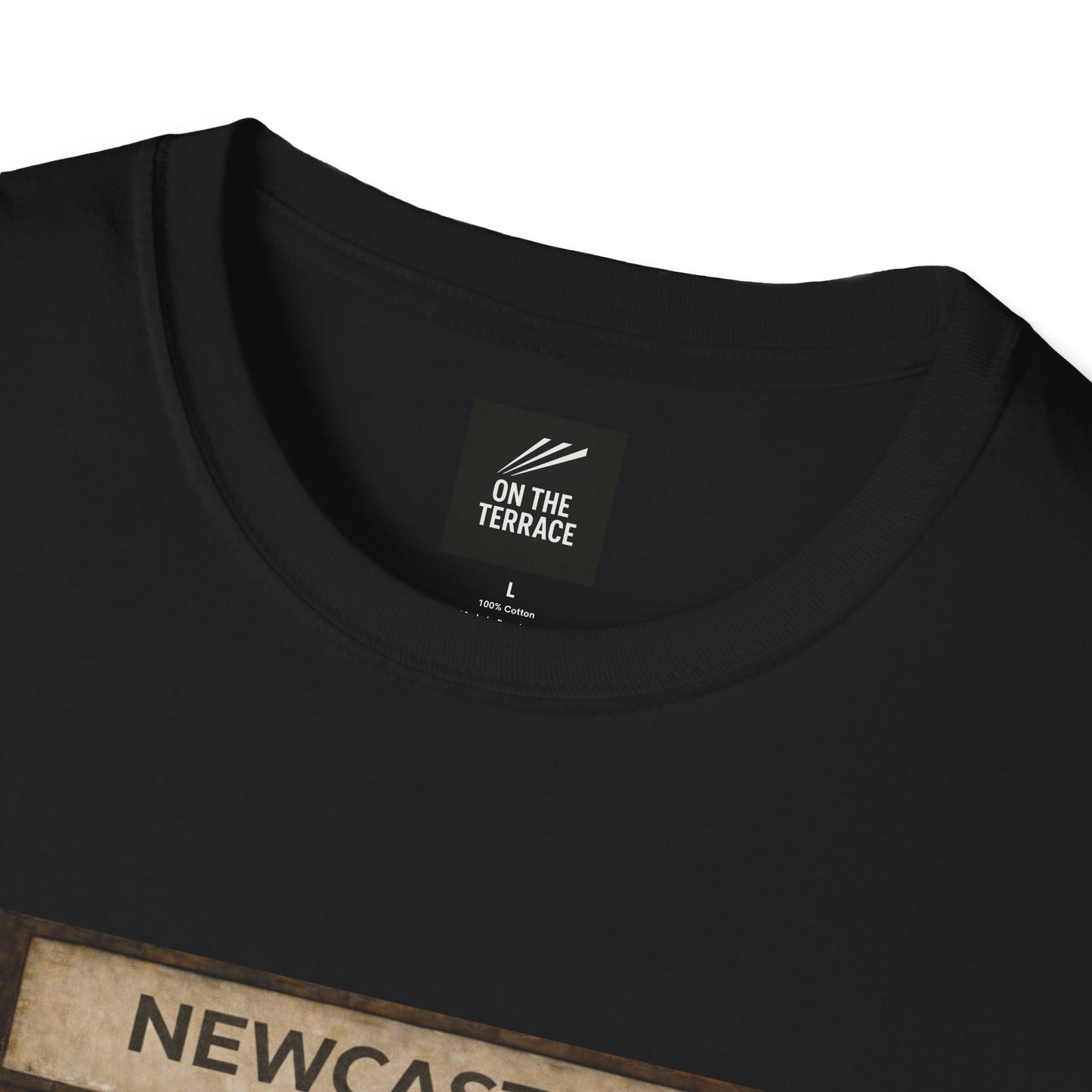 Black t-shirt with 'On The Terrace' label and 'Newcastle' text on a white background