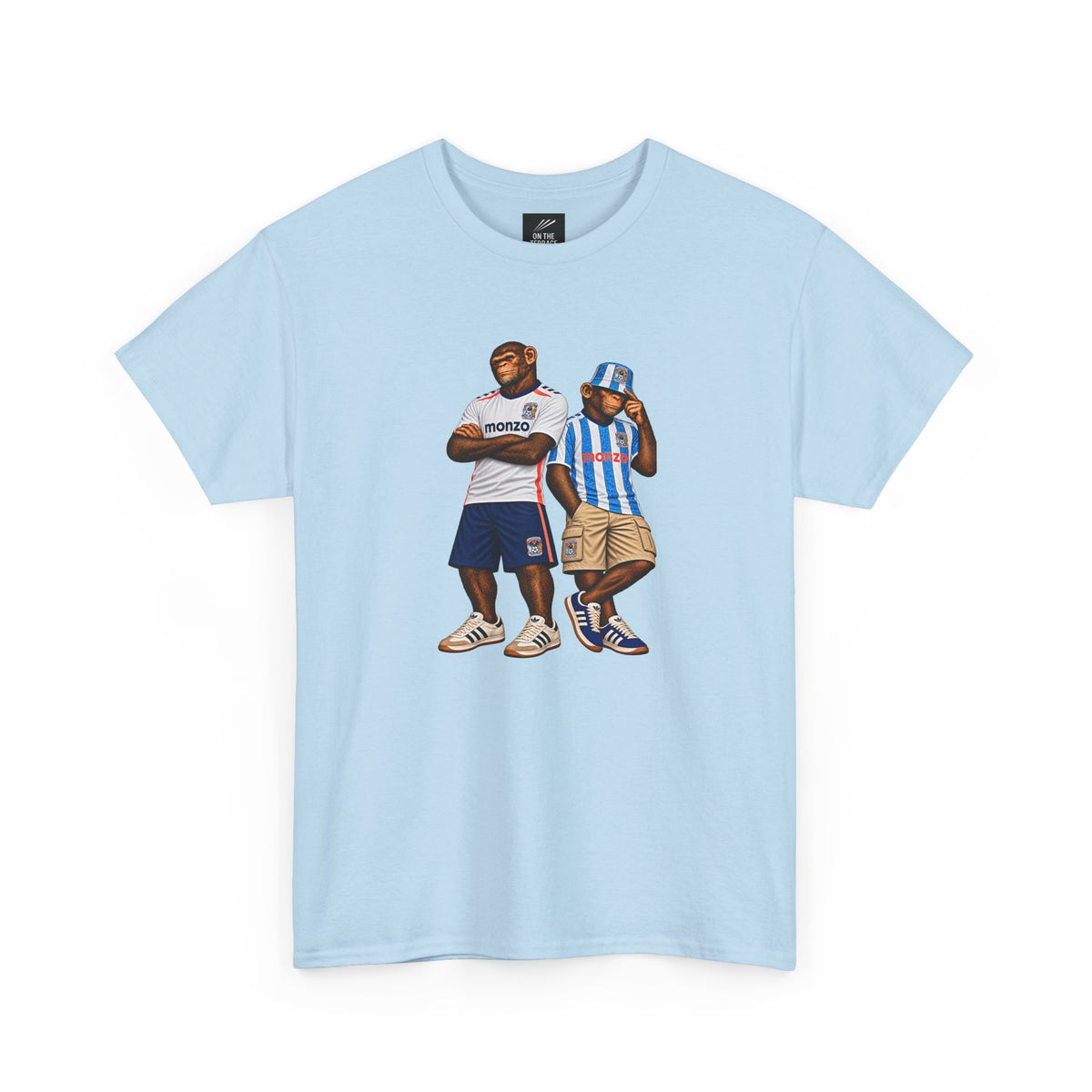 Sky blue Coventry Monkeys Duo T-shirt, front view with full-colour print of two chimps