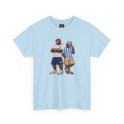 Sky blue Coventry Monkeys Duo T-shirt, front view with full-colour print of two chimps