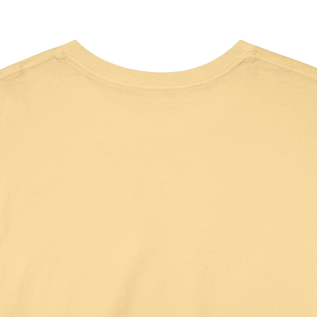 Close-up of the crew neck and heavy cotton fabric on the pale yellow T-shirt