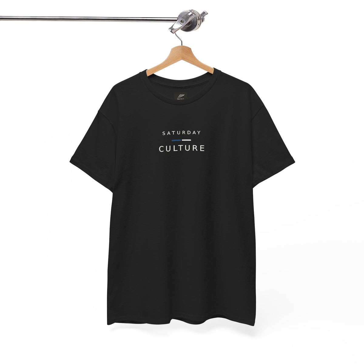 Black Saturday Culture T-shirt on a wooden hanger
