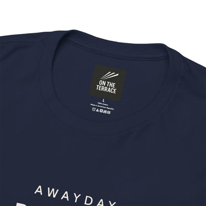 Close-up of On The Terrace neck label and AWAYDAY lettering on navy tee
