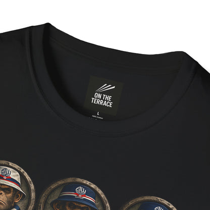 On The Terrace Northern Monkeys black graphic t-shirt featuring retro Bolton Wanderers inspired terrace casuals artwork.