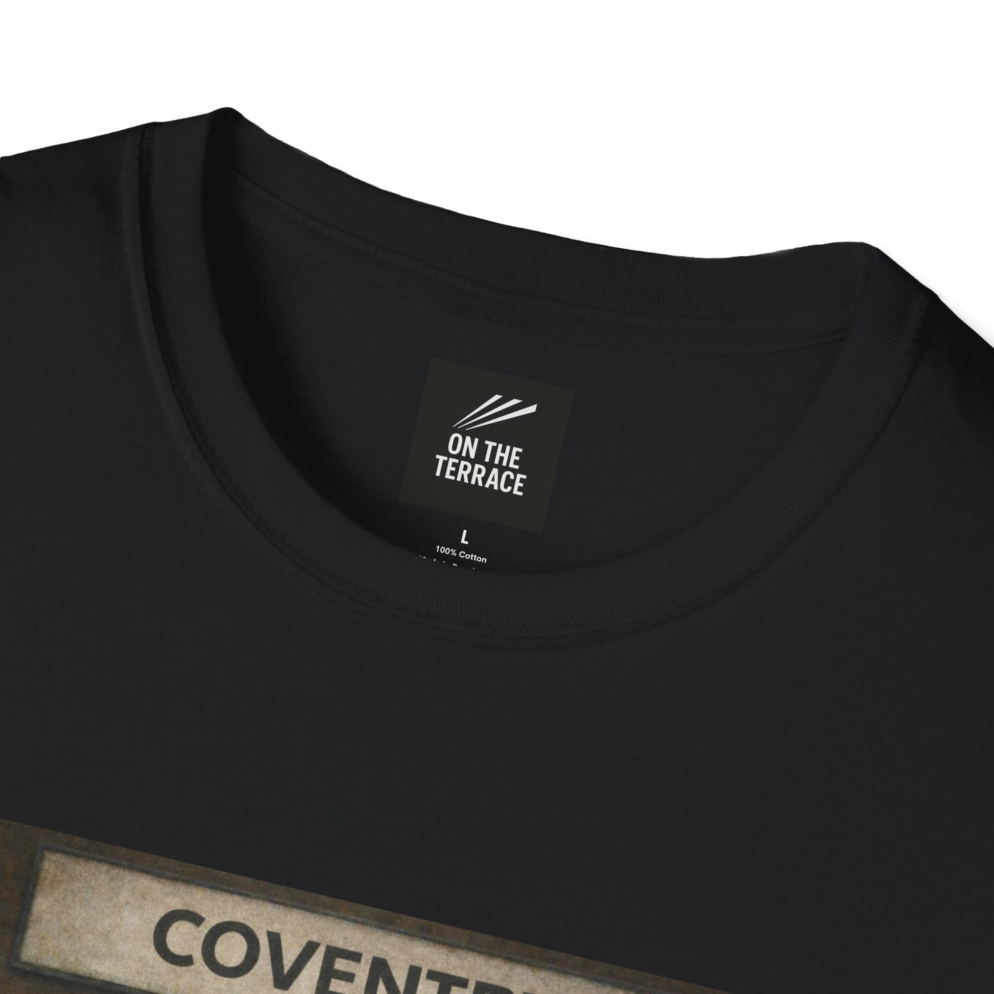 Coventry City Fan T-Shirt Black t-shirt with 'On the Terrace' label and 'Coventry' text on a white background