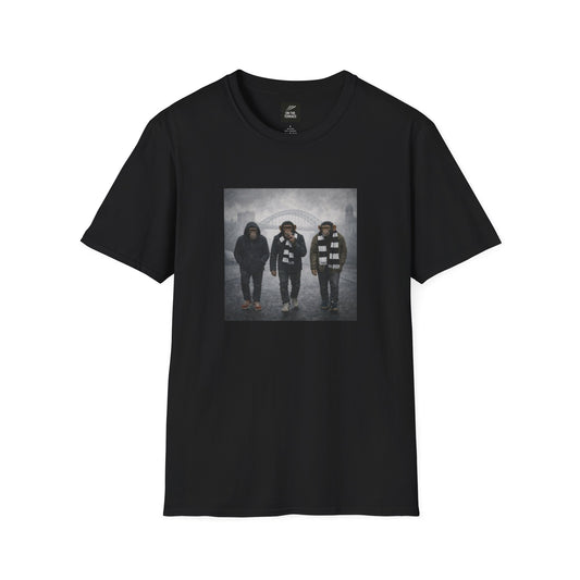 Black t-shirt with a graphic of three people on a white background