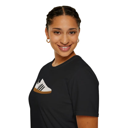Smiling woman with braided hair wearing black t-shirt with white sneaker graphic design