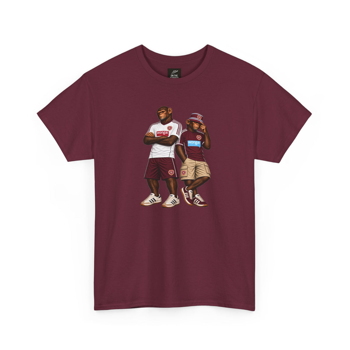 Maroon Hearts Monkeys Duo T-shirt, front view with full-colour print of two chimps