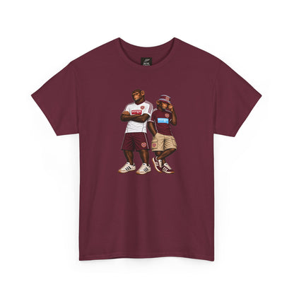Maroon Hearts Monkeys Duo T-shirt, front view with full-colour print of two chimps