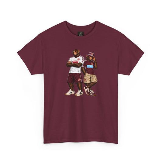 Maroon Hearts Monkeys Duo T-shirt, front view with full-colour print of two chimps