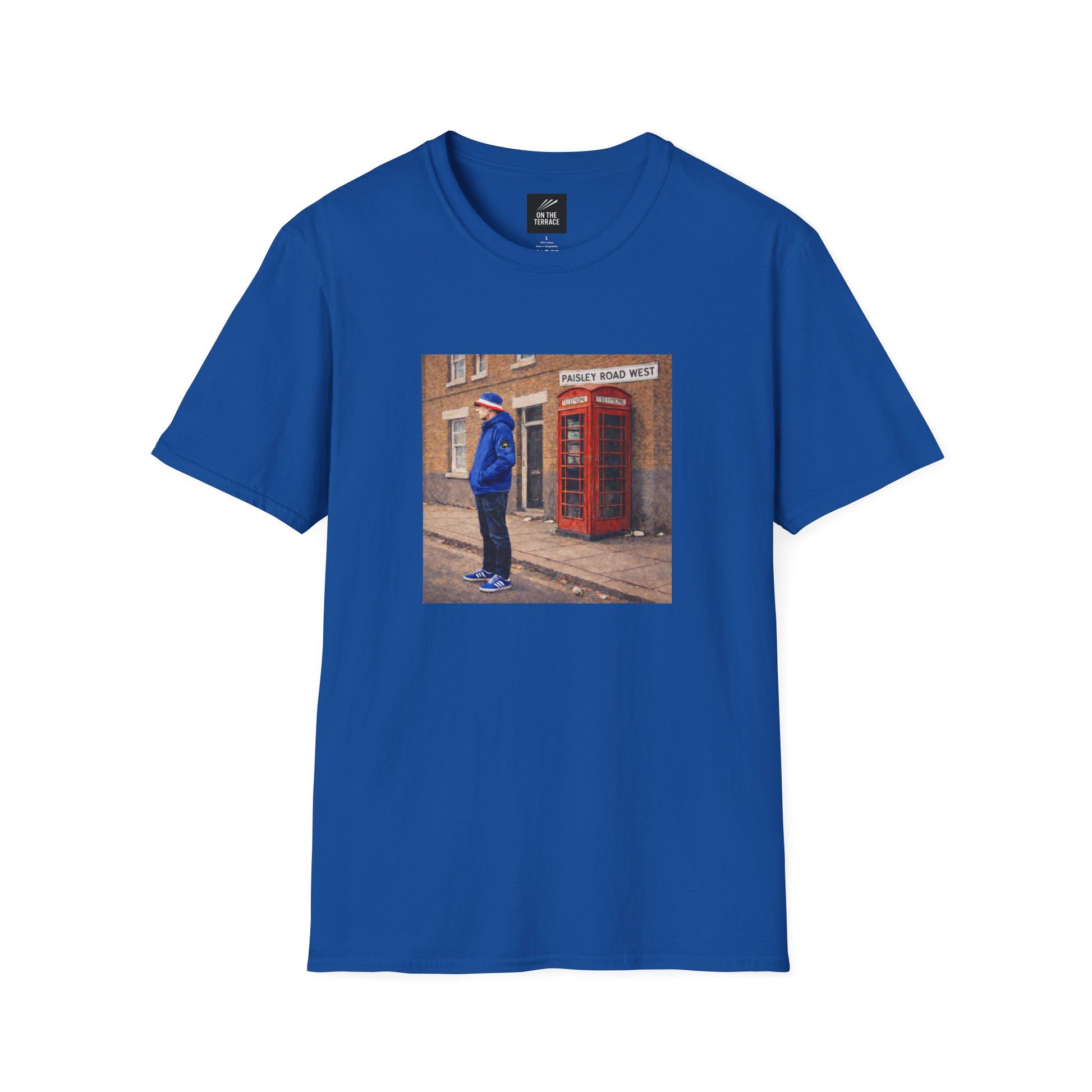 Blue t-shirt with a printed design of a person by a red phone box on a white background