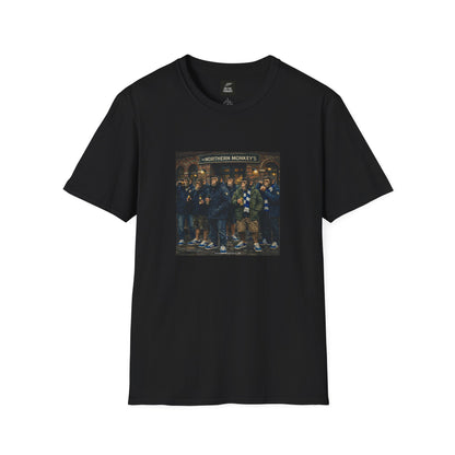 Black t-shirt with a graphic print on a white background