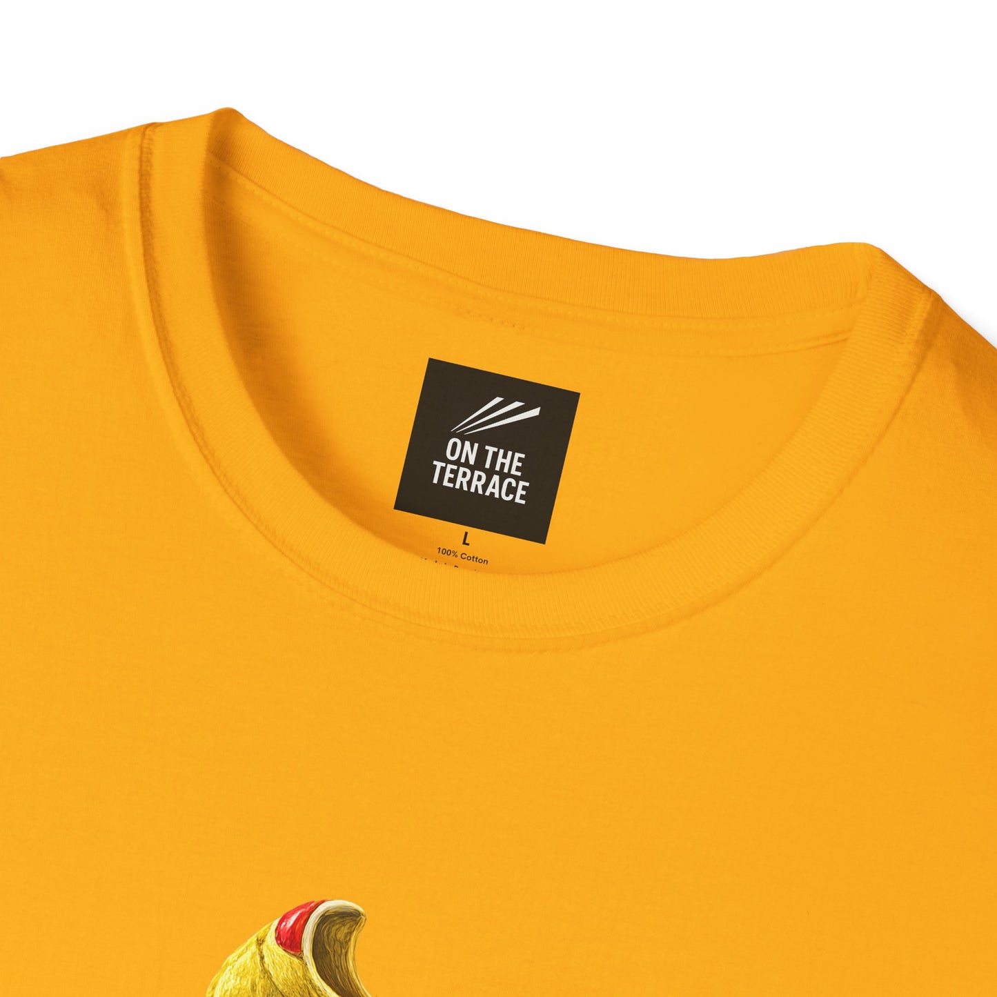 Close-up of a bright yellow t-shirt showing the inner neck label with the brand 'ON THE TERRACE' and a small graphic at the bottom.