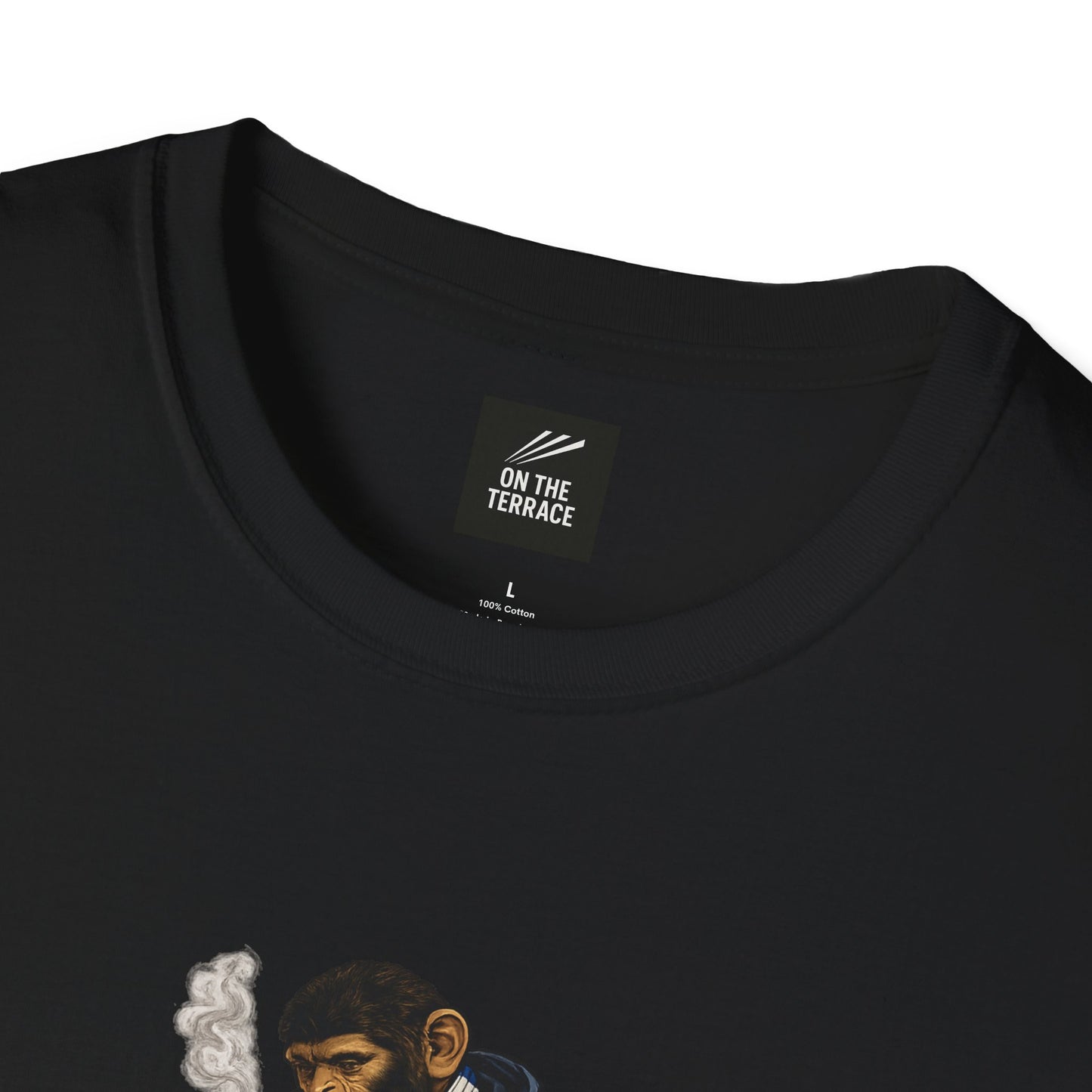 Black t-shirt with a graphic design of a monkey and text on a white background