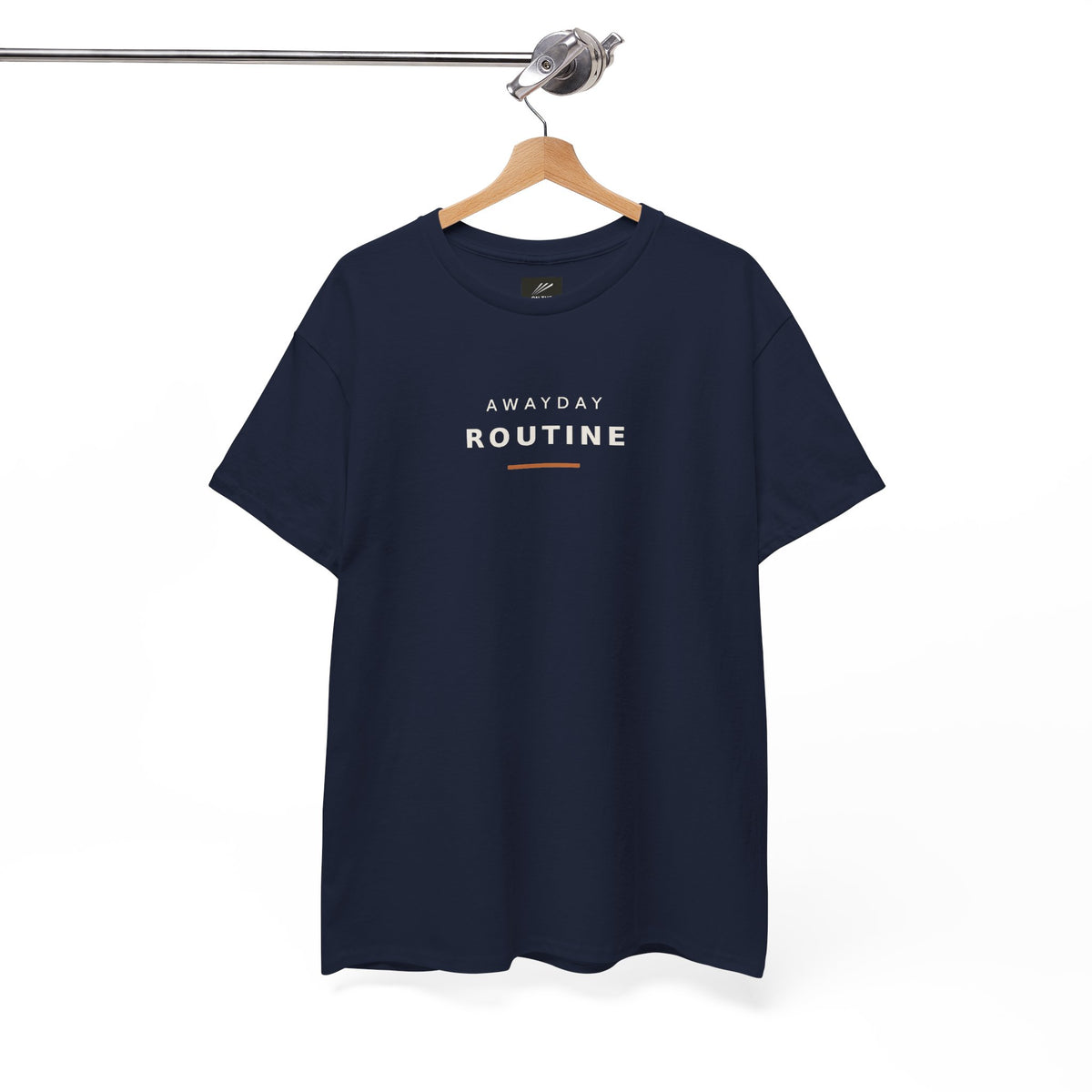 Navy Awayday Routine T-shirt on a wooden hanger
