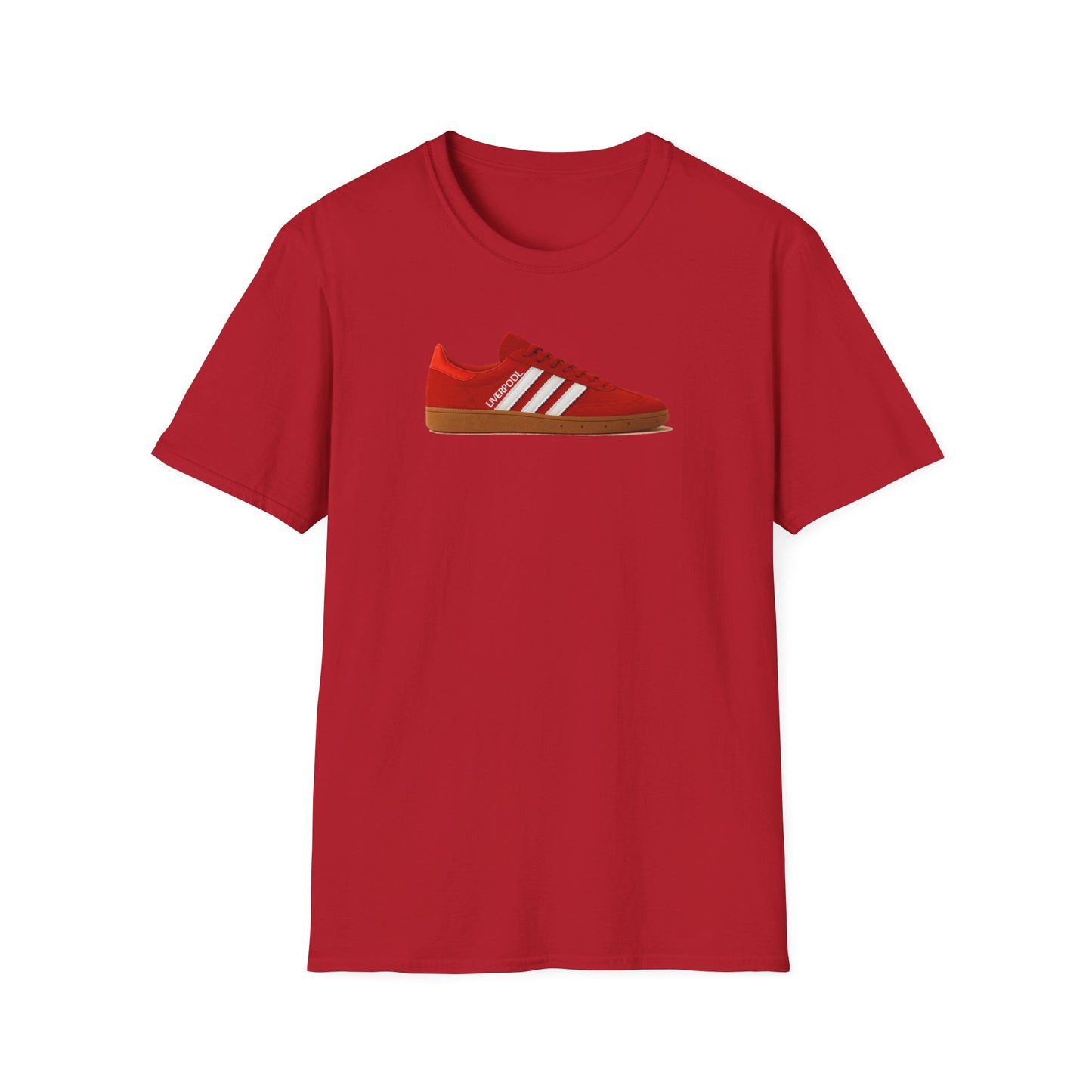 Red T-shirt with a graphic of a red and white sneaker labeled Liverpool in the center