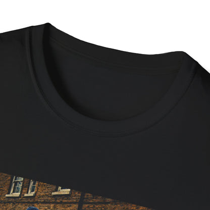 Leeds United Close-up of a black t-shirt with a graphic design on a white background