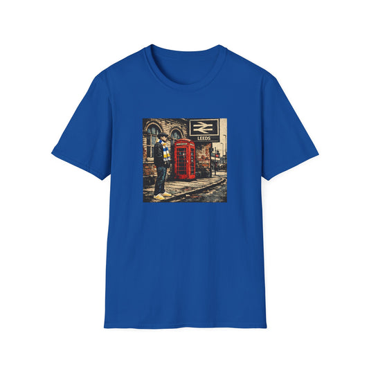 Leeds United Blue t-shirt with a graphic of a red telephone box on a white background