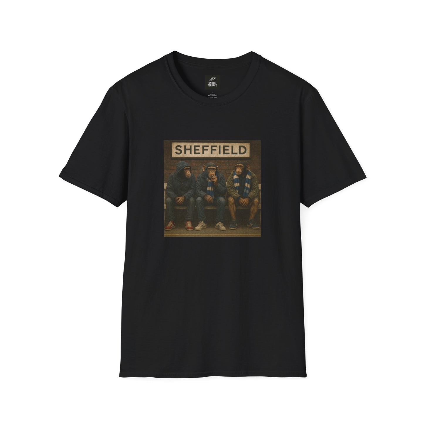 Black t-shirt with a graphic of four people and 'Sheffield' text on a white background