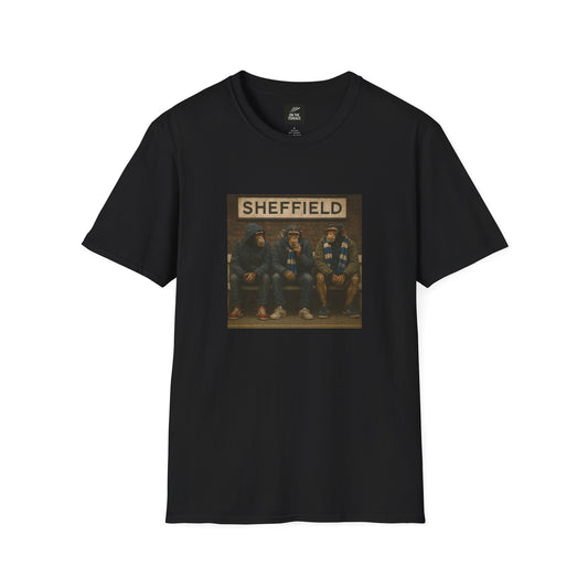 Black t-shirt with a graphic of four people and 'Sheffield' text on a white background