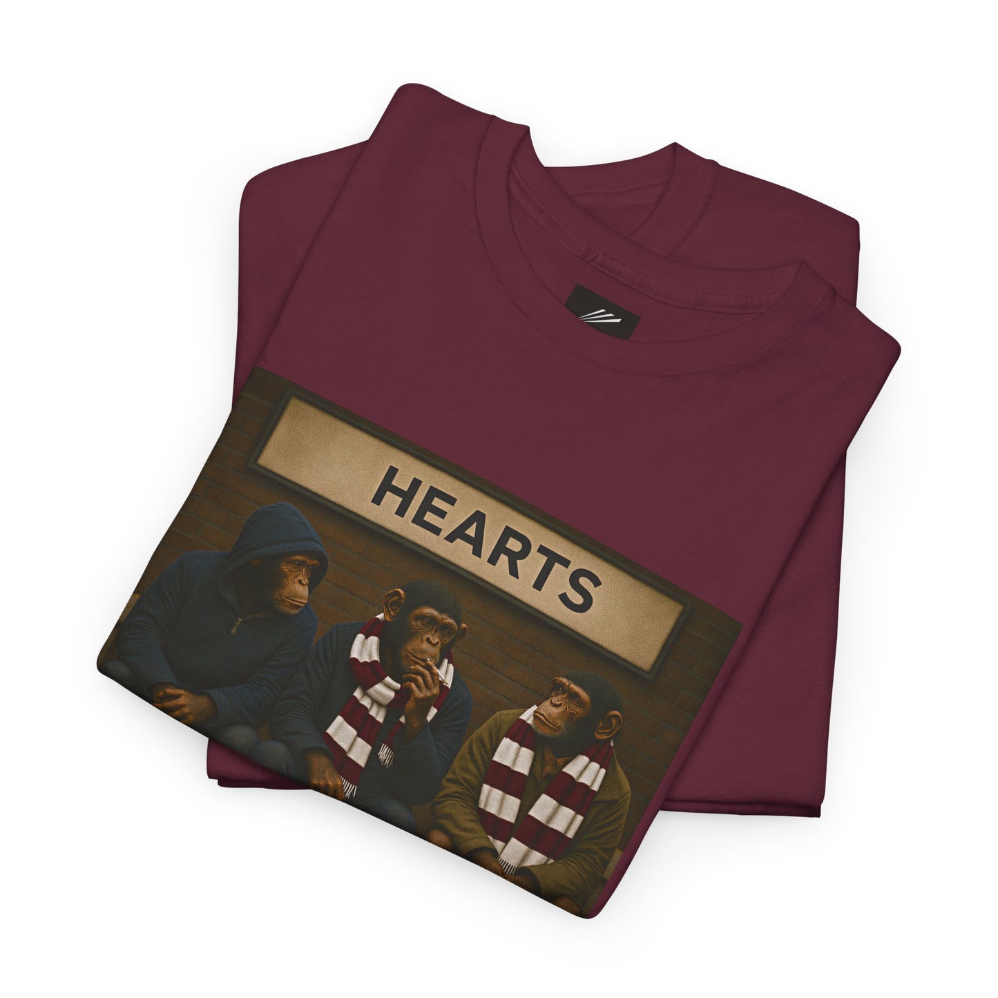 Maroon Hearts T-shirt with three terrace monkeys, scarves and casual clothing