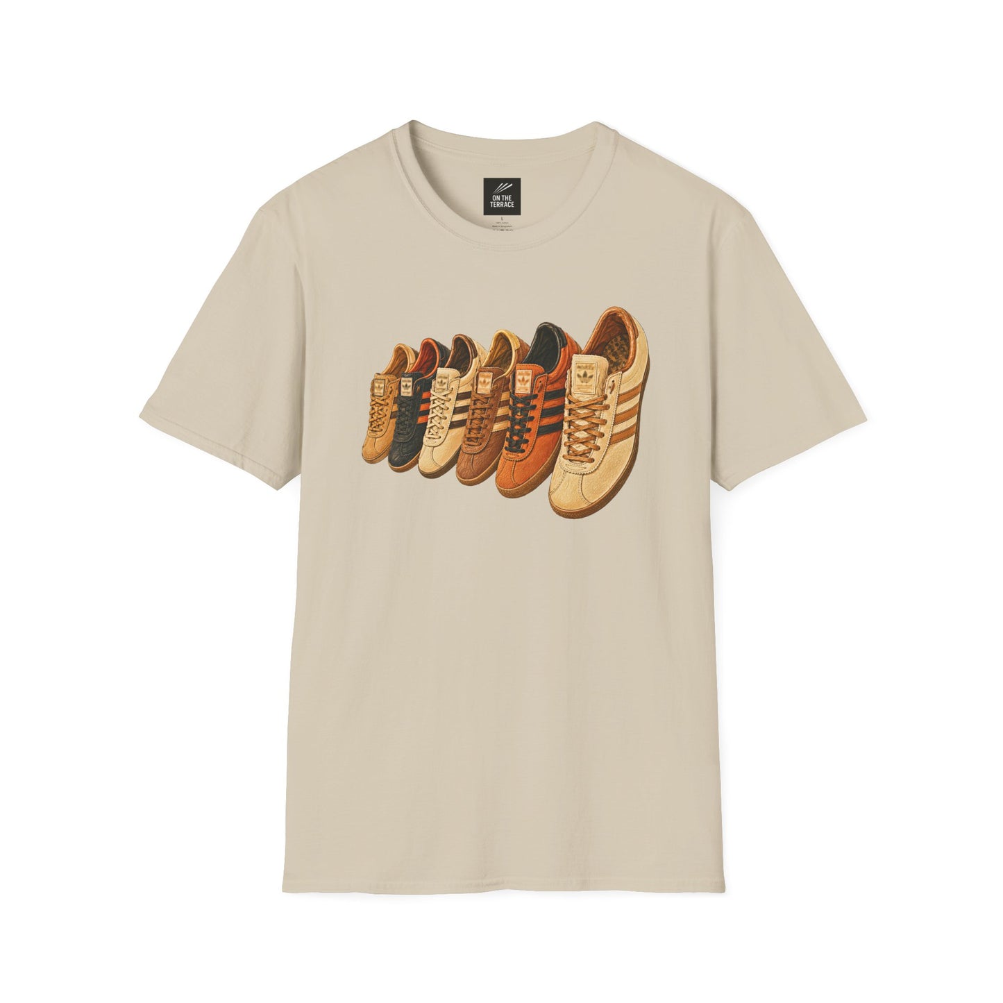 Beige multi retro sneaker graphic t-shirt with colorful vintage trainer collection print