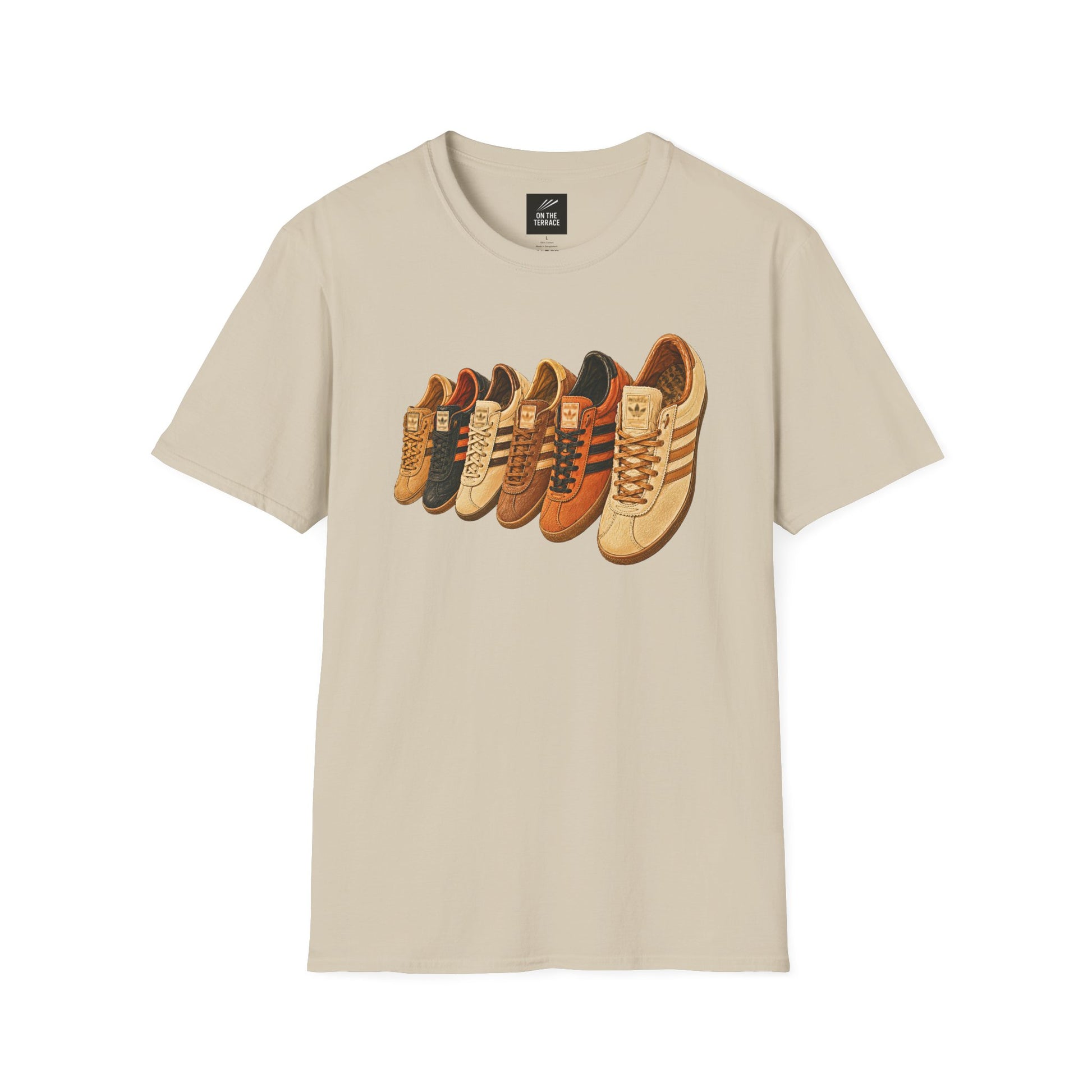 Beige multi retro sneaker graphic t-shirt with colorful vintage trainer collection print