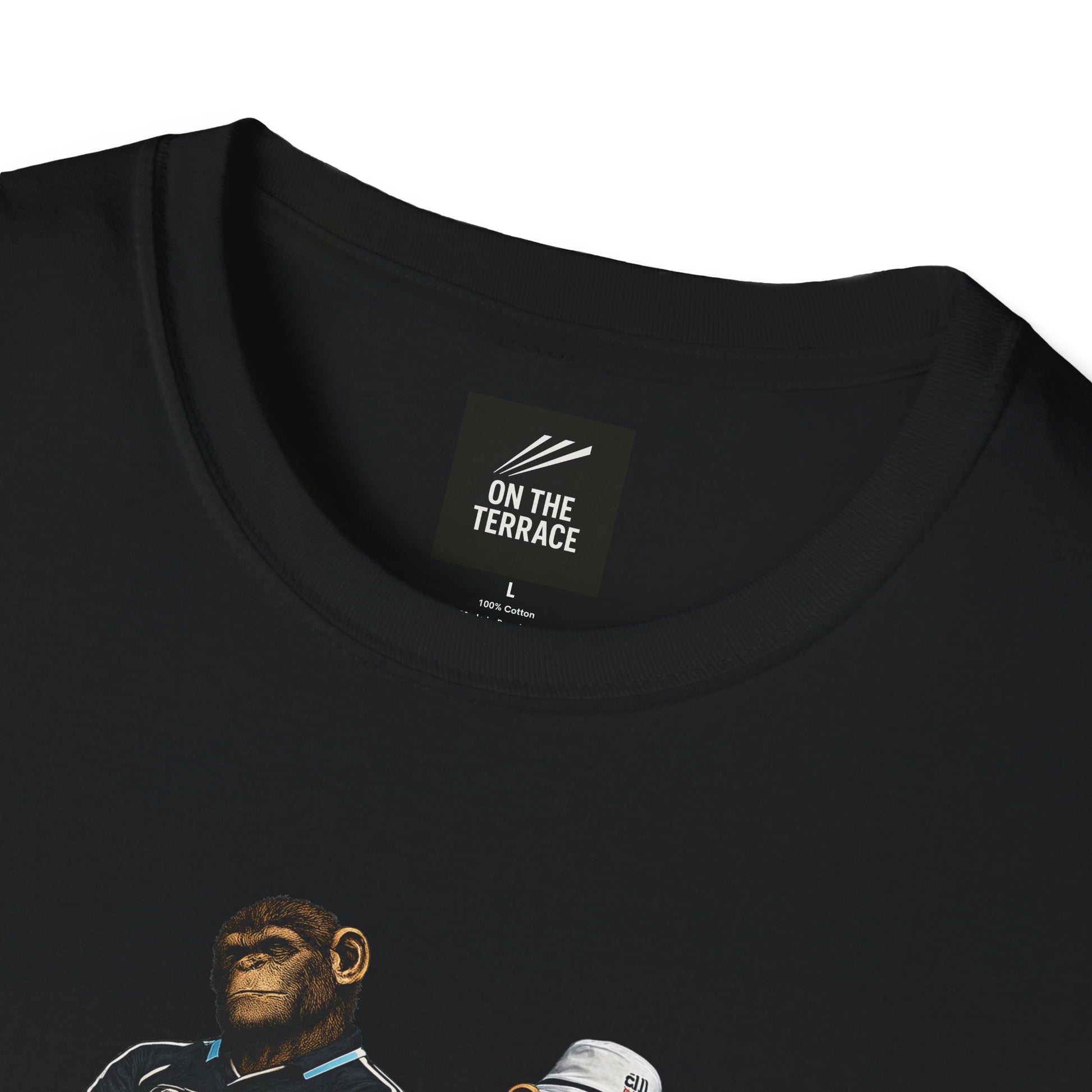 On The Terrace Northern Monkeys black graphic t-shirt featuring retro Bolton Wanderers inspired white and navy terrace casuals artwork.