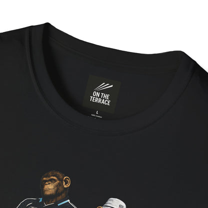 On The Terrace Northern Monkeys black graphic t-shirt featuring retro Bolton Wanderers inspired white and navy terrace casuals artwork.