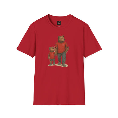 Liverpool T-Shirt featuring iconic father-son bear duo in LFC red, perfect for football fans and family gift occasions.