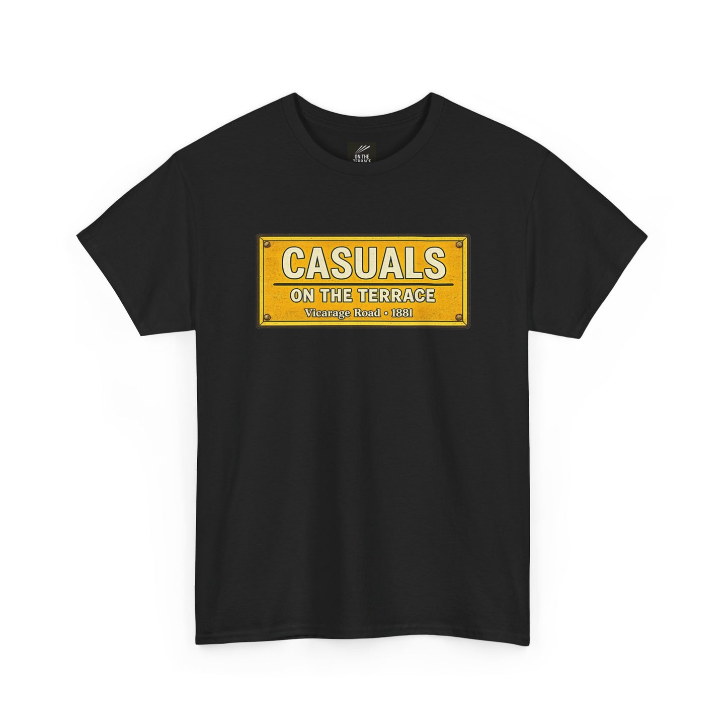 A black short-sleeve Watford t-shirt featuring a yellow rectangular graphic on the chest that reads 'CASUALS ON THE TERRACE Vintage Tees - 1984' in white and yellow lettering, displayed against a solid white background.